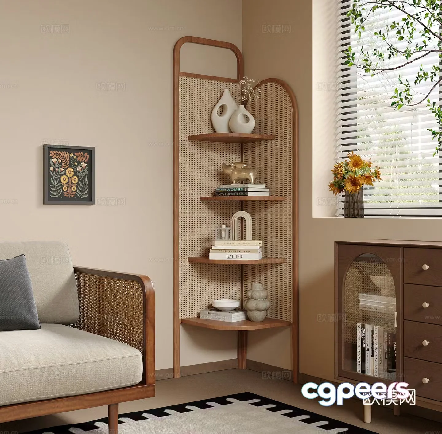 French medieval style rattan corner cabinet storage cabinet storage rack corner cabinet triangle cabinet 3D model