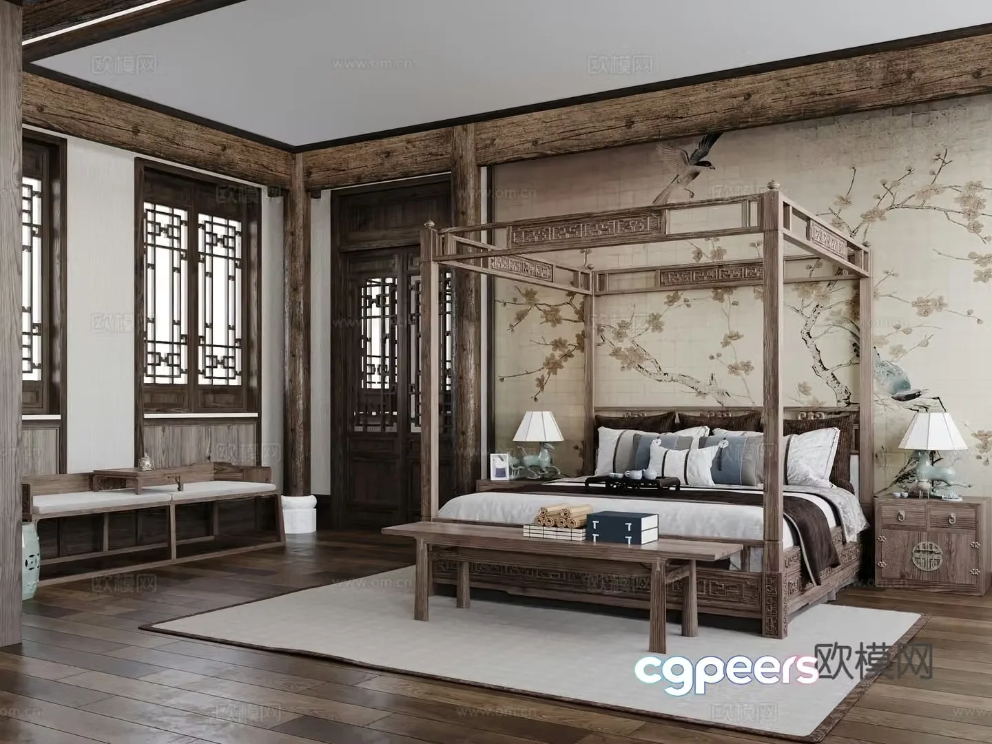 Chinese style bedroom master bedroom bed retro bed nightstand wall decoration door pedal multi-person sofa 3D model