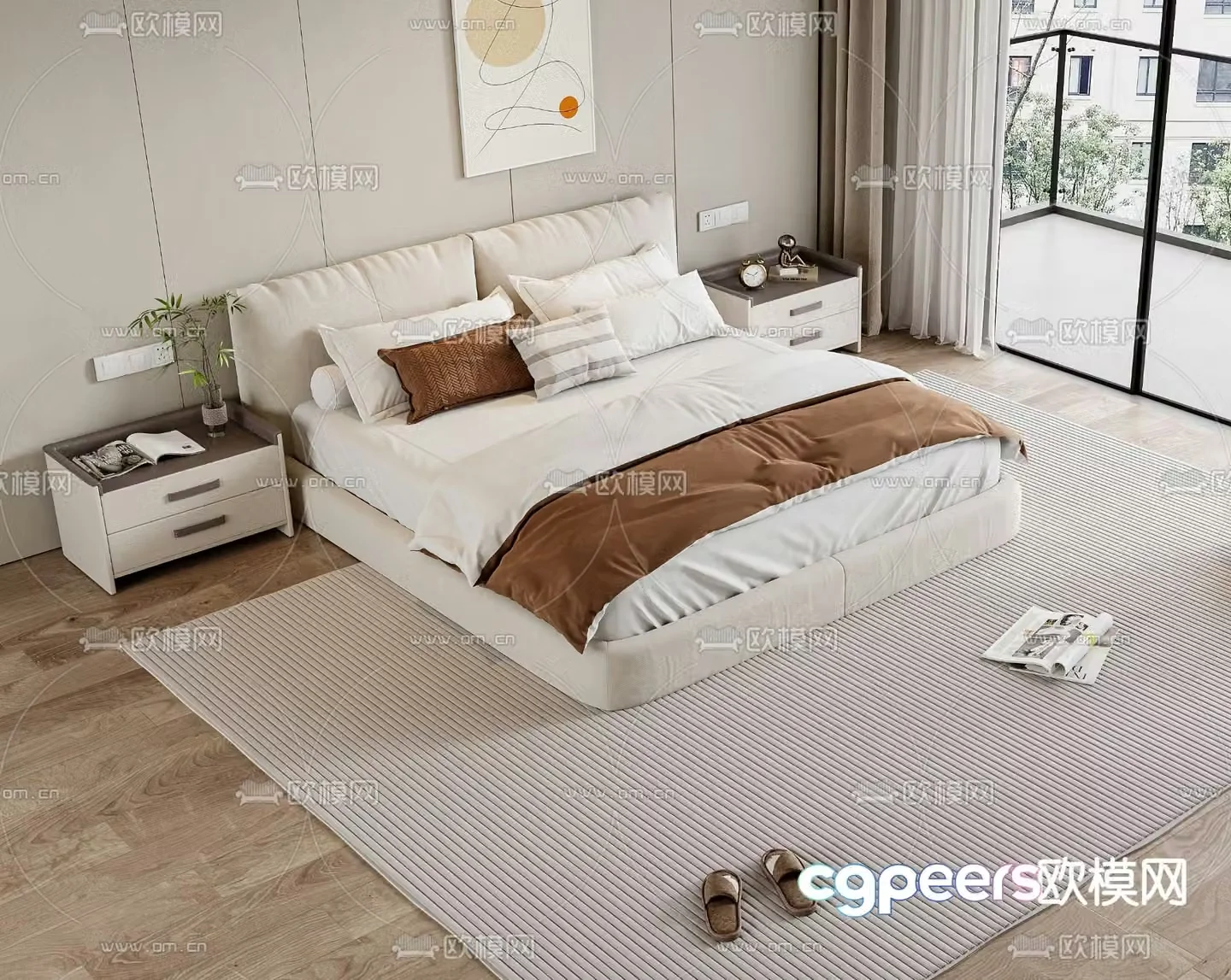 Cream style double bed 3d model