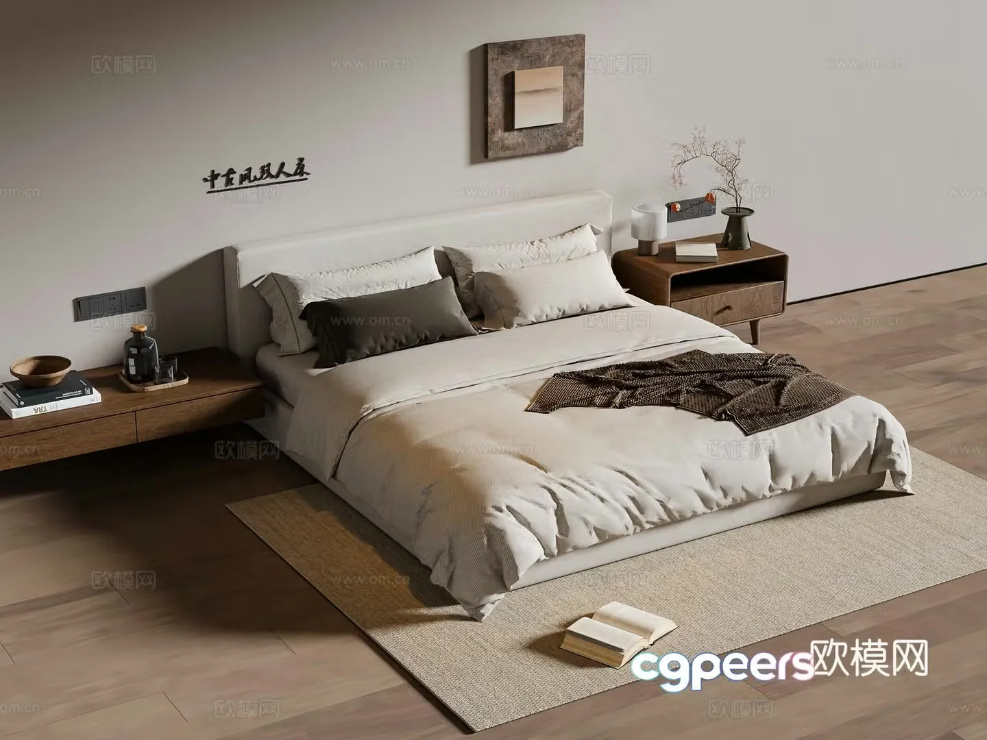 Medium style double bed fabric double bed bed nightstand hanging painting carpet 3d model