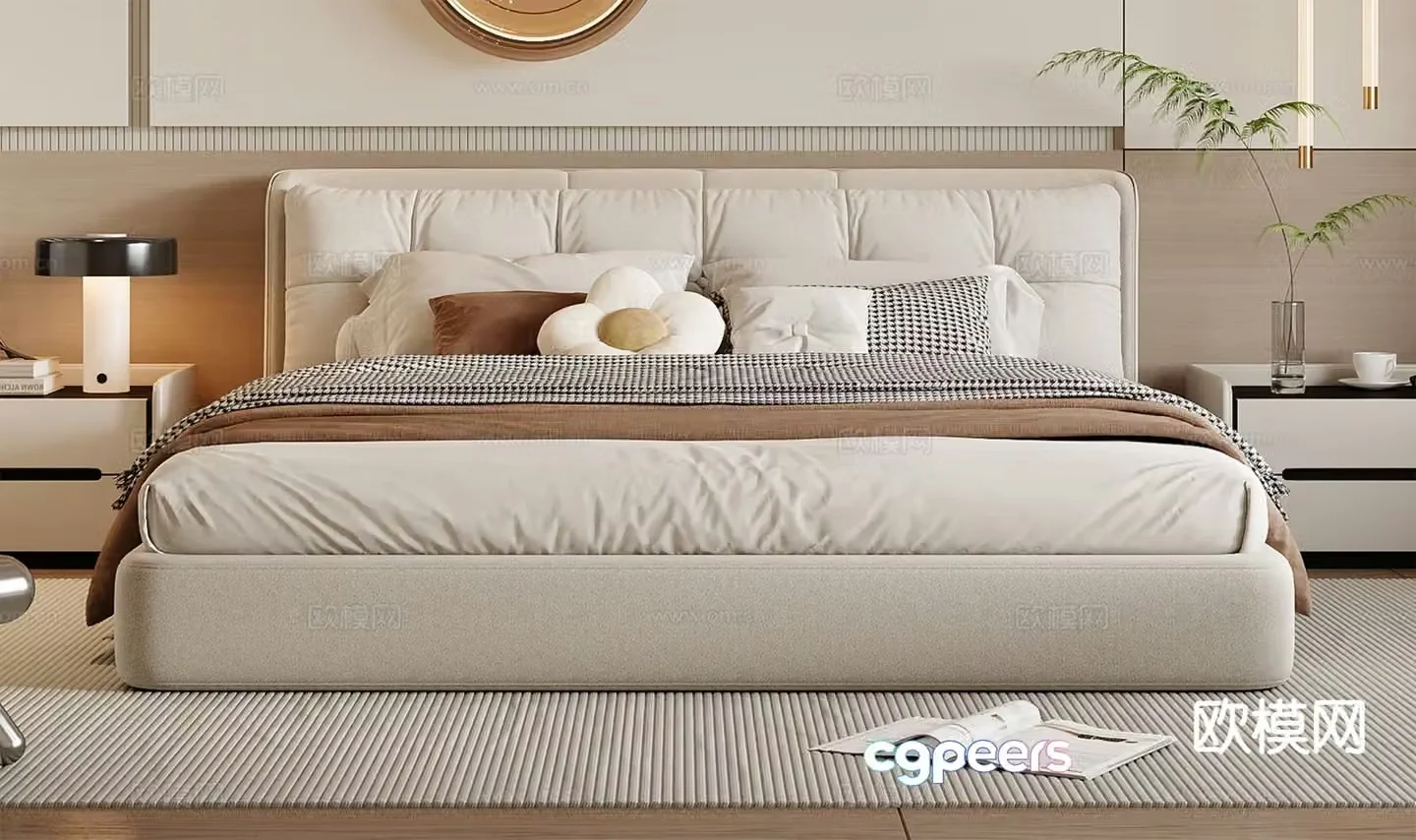Cream style double bed 3d model