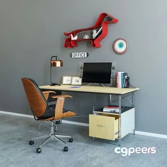 3ds Max Free – Workplace armchair Baxton Herman Miller table and decor