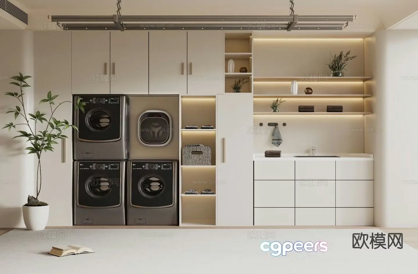 Cream style balcony cabinet washing machine cabinet 3d model