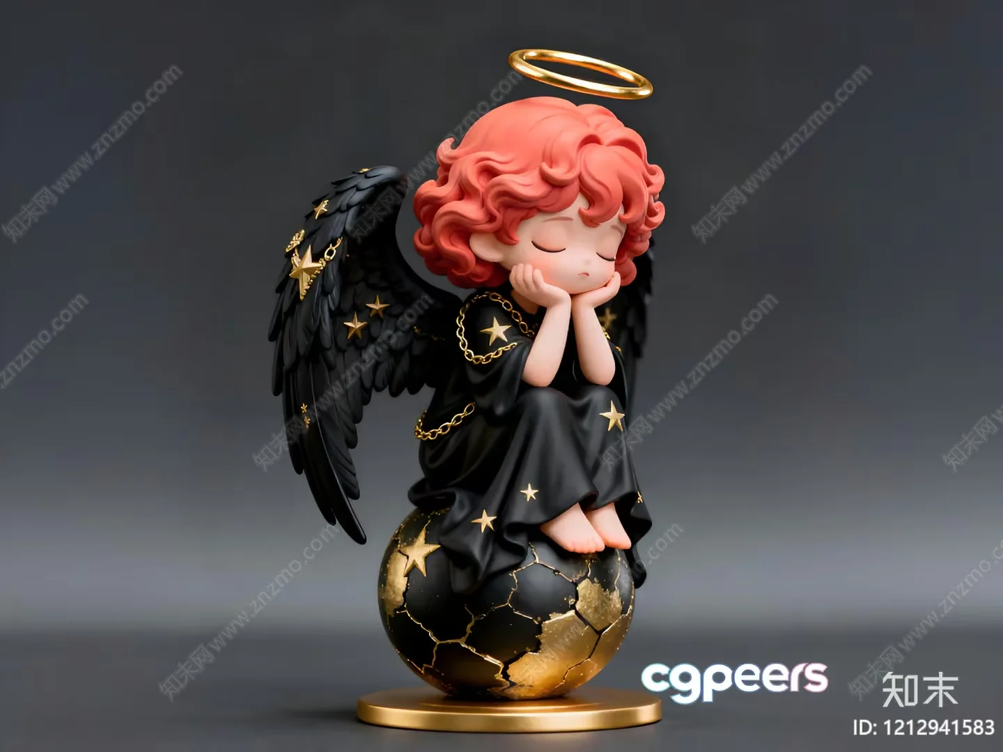 A Small Angel Figurine With Pink Hair And Black Wings 3D Model – 6907 – VRAY Render