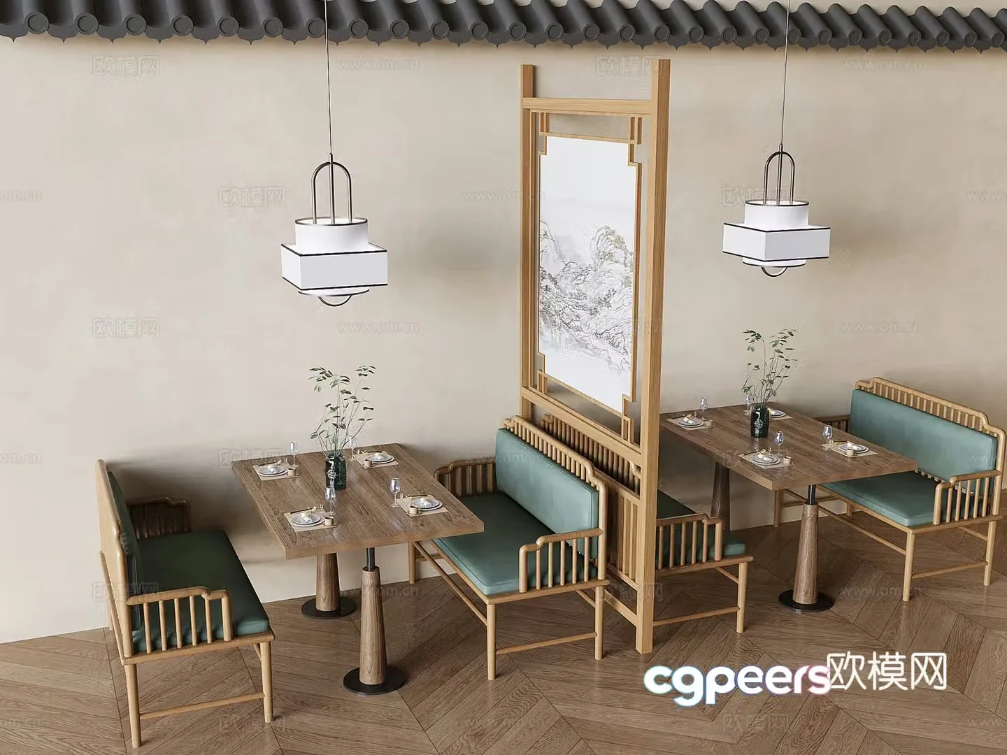 Wabi-sabi card seat dining table and chairs 3D model