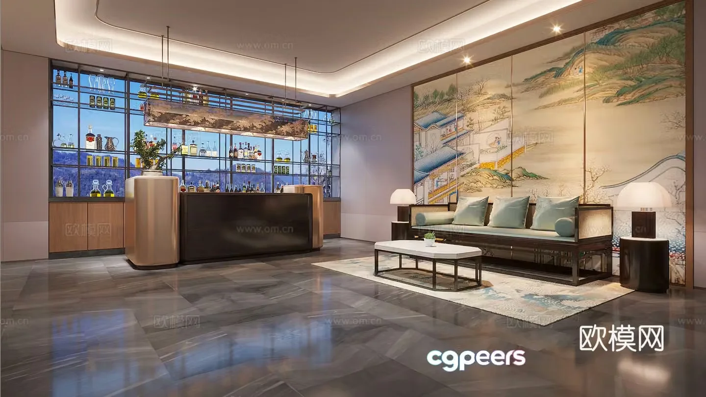 New Chinese-style hotel bar area leisure area 3D model