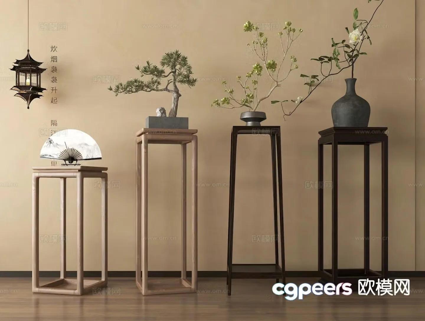 New Chinese style flower stand solid wood flower table bonsai fan-shaped 3D model