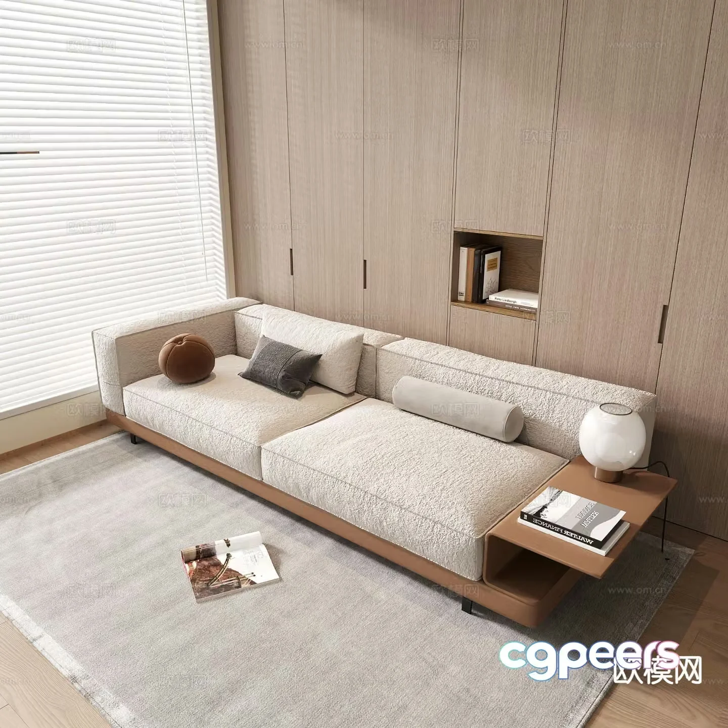 Modern double sofa straight sofa fabric sofa 3D model