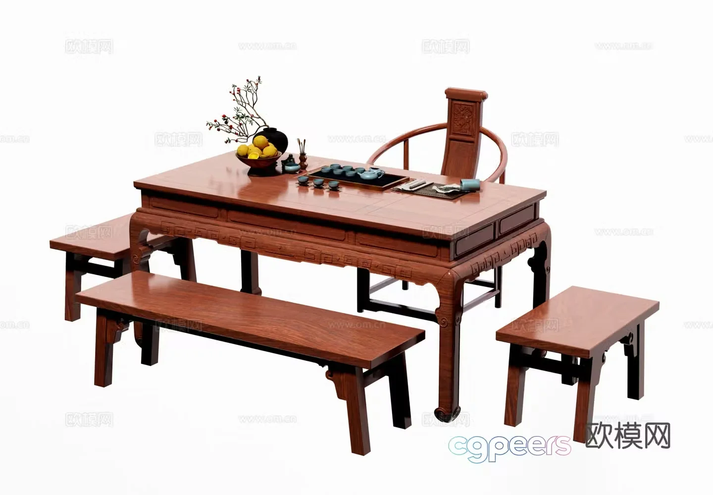 Chinese solid wood tea table combination 3D model