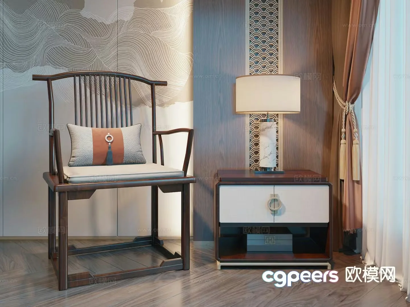 New Chinese style chair official hat chair bedside table 3D model