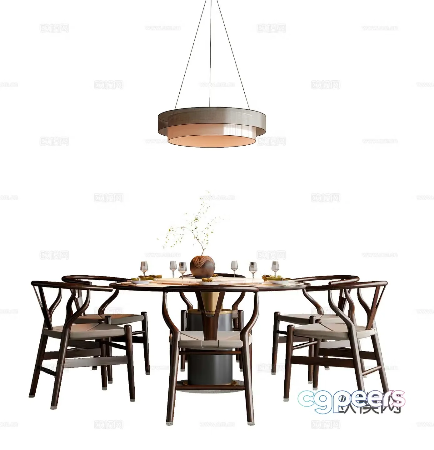 New Chinese style dining table and chair combination dining chair round table chandelier 3d model