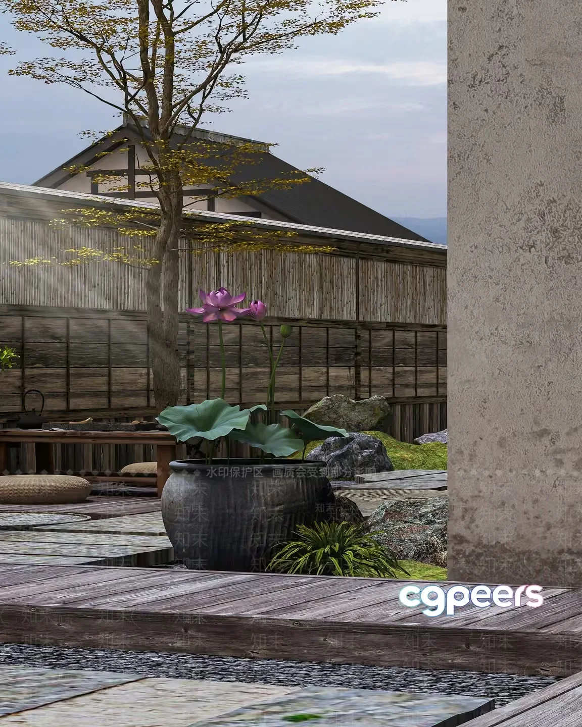 A Japanese-Style Garden With A Wooden Deck 3D Model – 16046 – VRAY Render