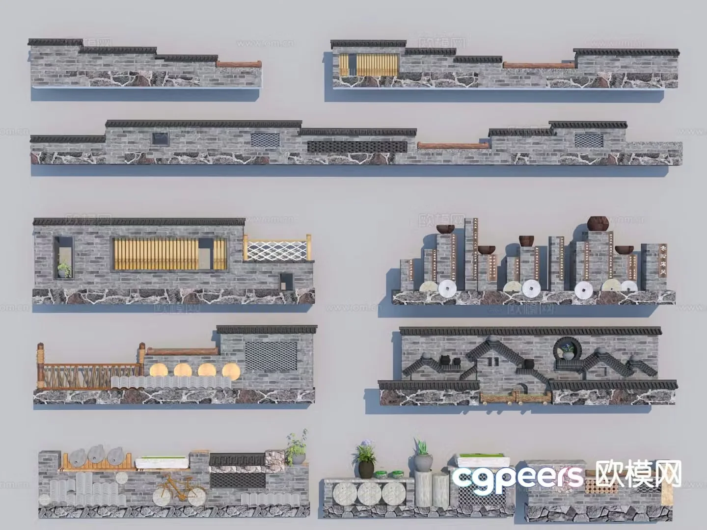 New Chinese style rural cultural landscape wall rural low wall rural low wall 3D model
