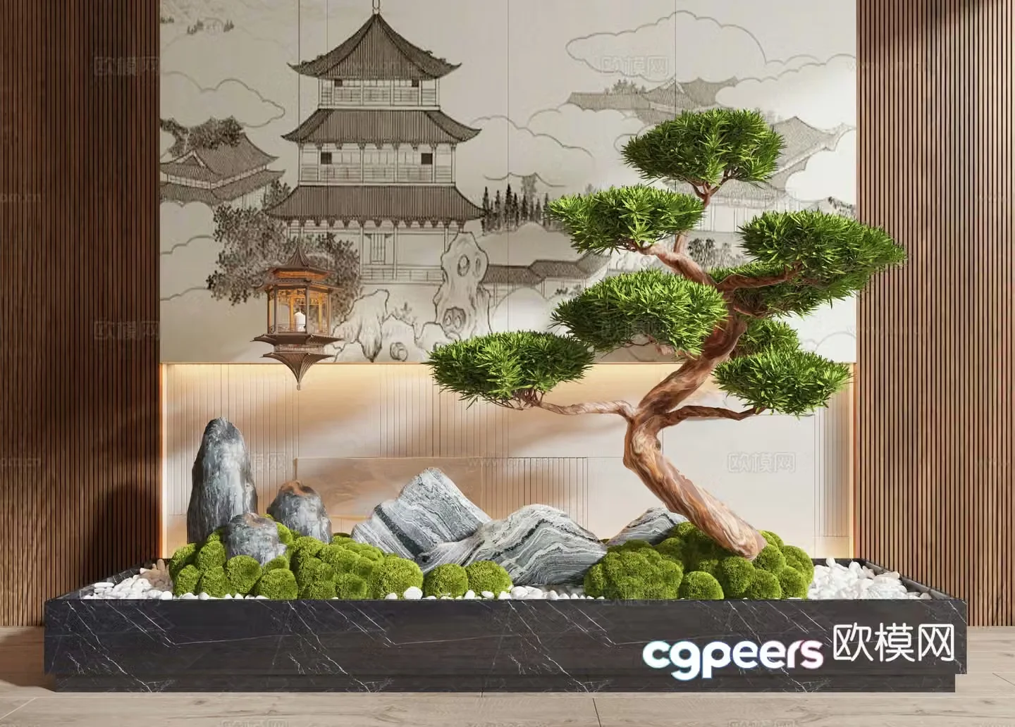 New Chinese -style indoor landscape landscaping pine plant pile 3D model
