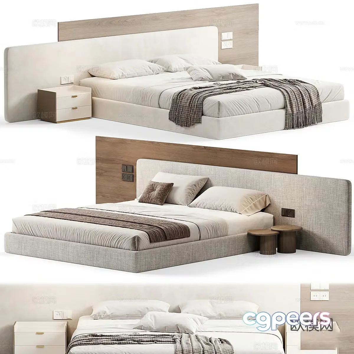 Modern minimalist fabric double bed 3D model