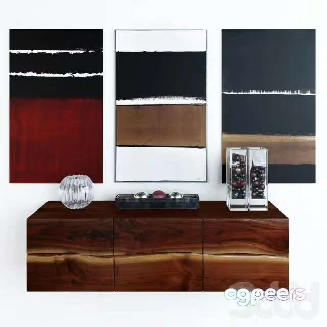 3ds Max Free – Decorative set with pedestal RUSTIC MODERN CREDENZA, paintings and decor