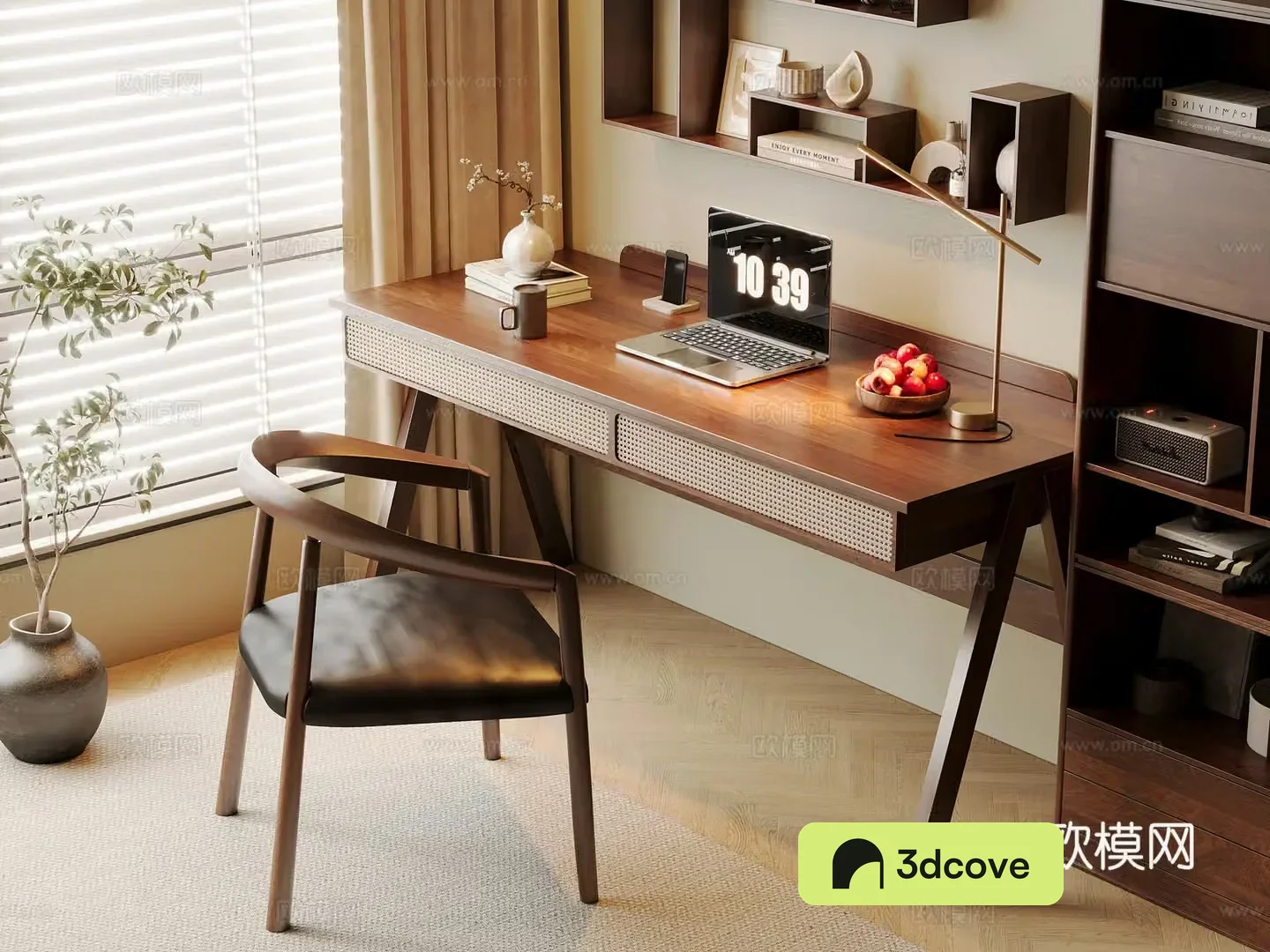 Middle-aged style desk and chair solid wood computer desk and chair writing desk study desk and chair solid wood single chair bookcase 3D model