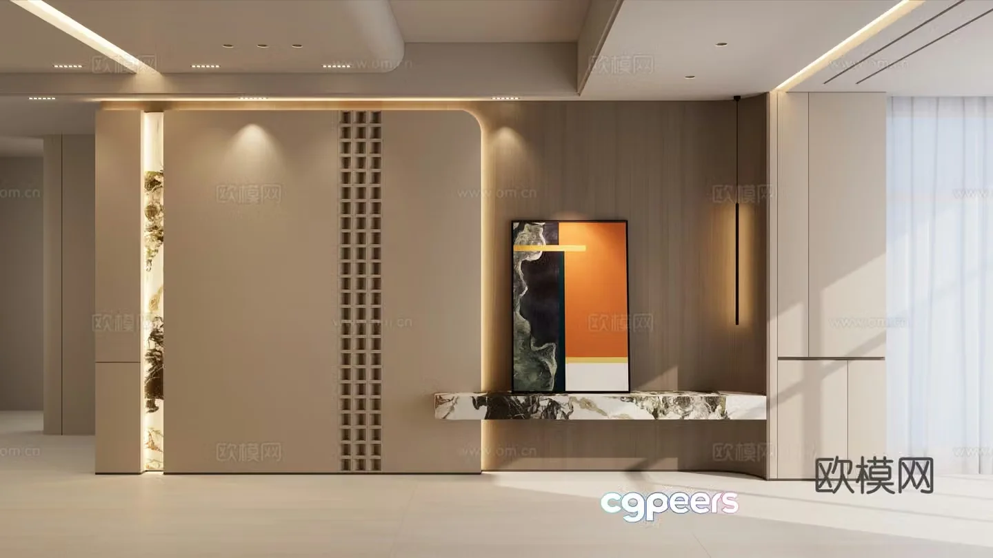Italian style light luxury style wall panel molding partition curved top end view mural living room sofa 3D model
