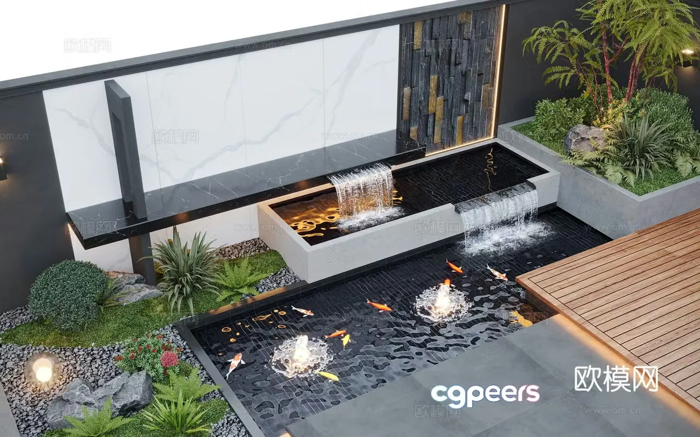 Modern courtyard landscape home yard garden waterscape stacked water fish pond 3d model