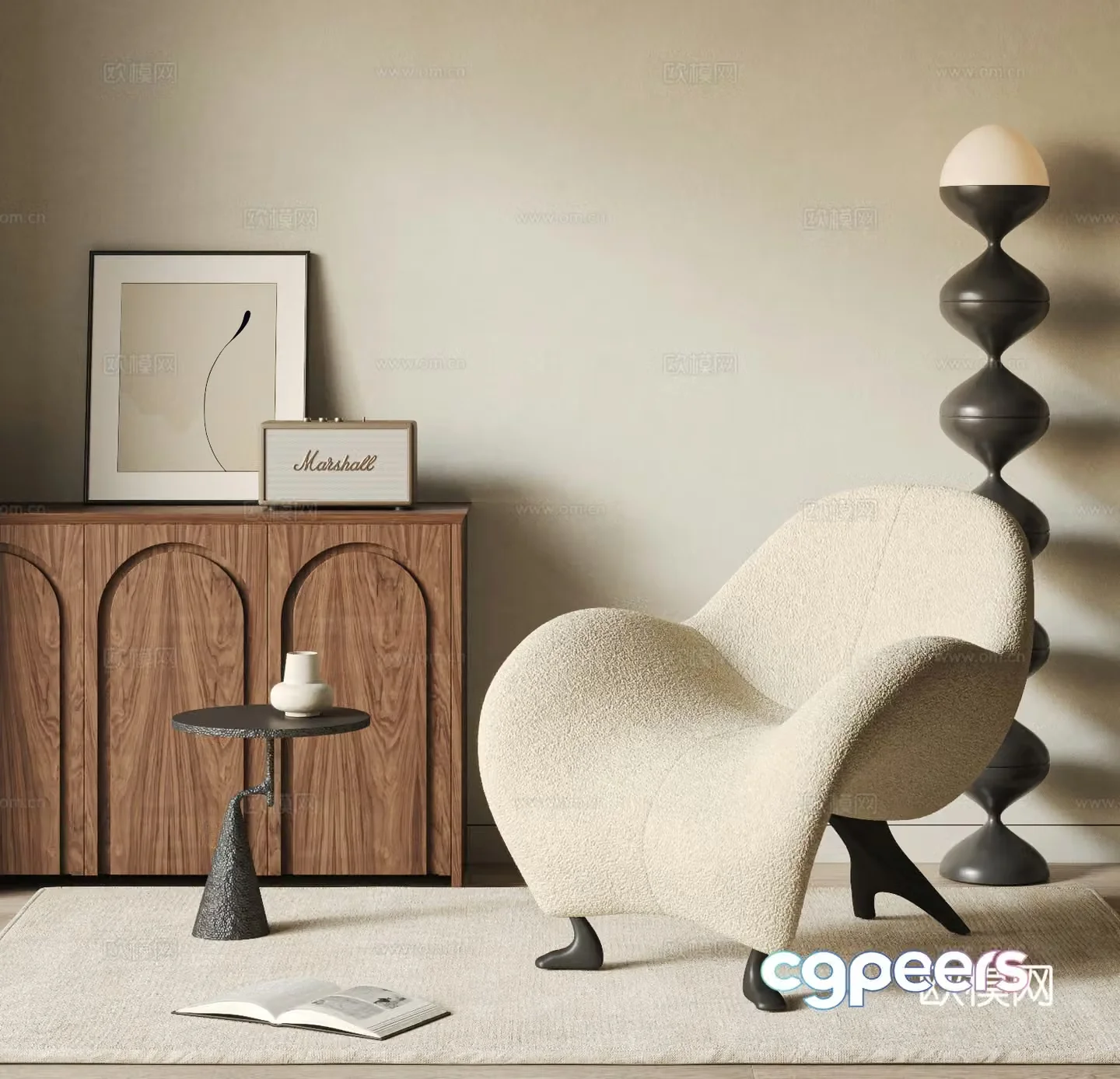 Medium style lamb velvet leisure chair 3d model