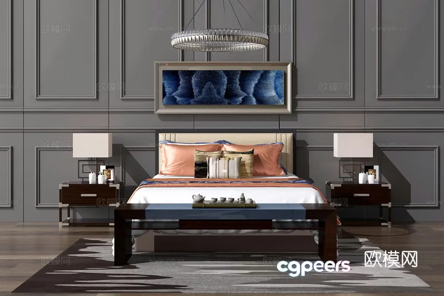 Chinese double bed Chinese chandeliers Chinese hanging painting Chinese solid wood double bed 3D model