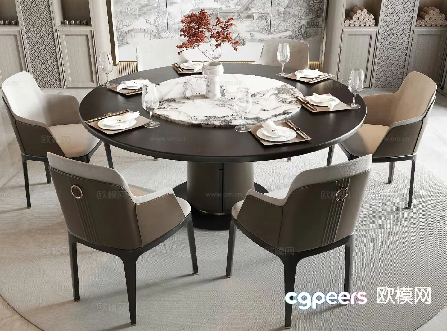 New Chinese style dining table and chairs round table 3d model
