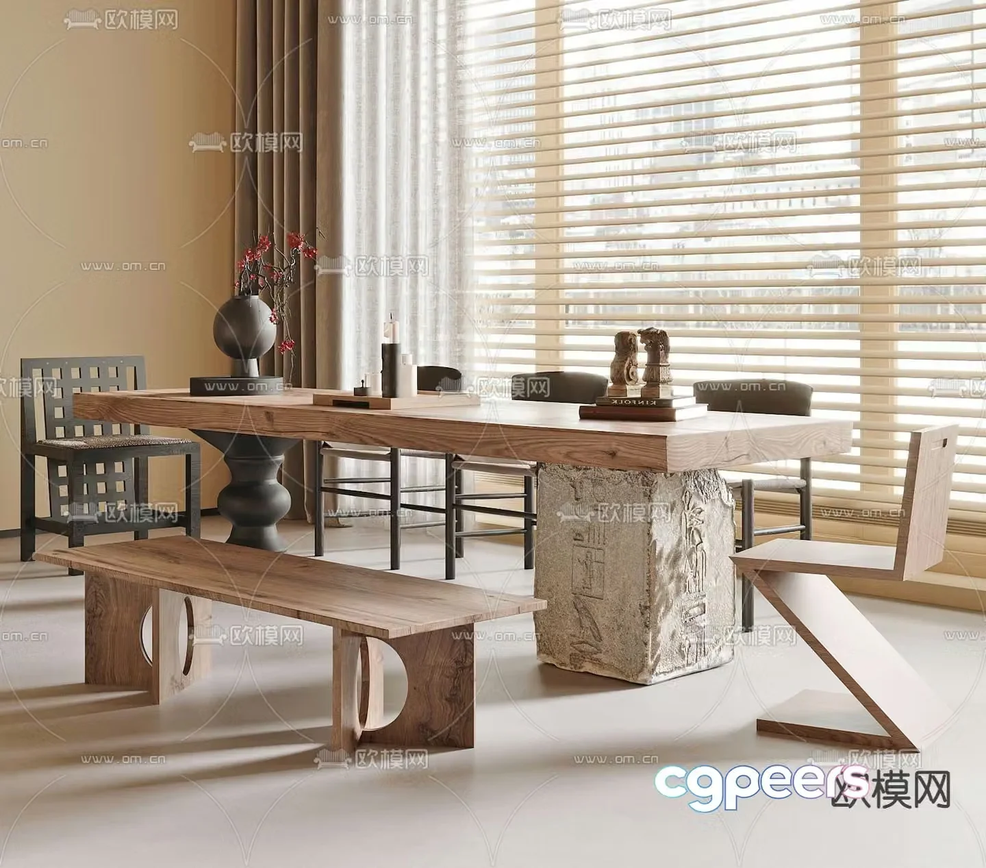 New Chinese tea table and chairs 3d model