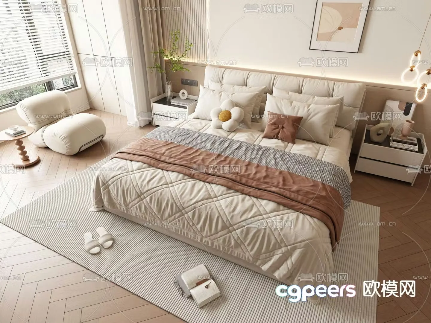 Cream style double bed 3d model