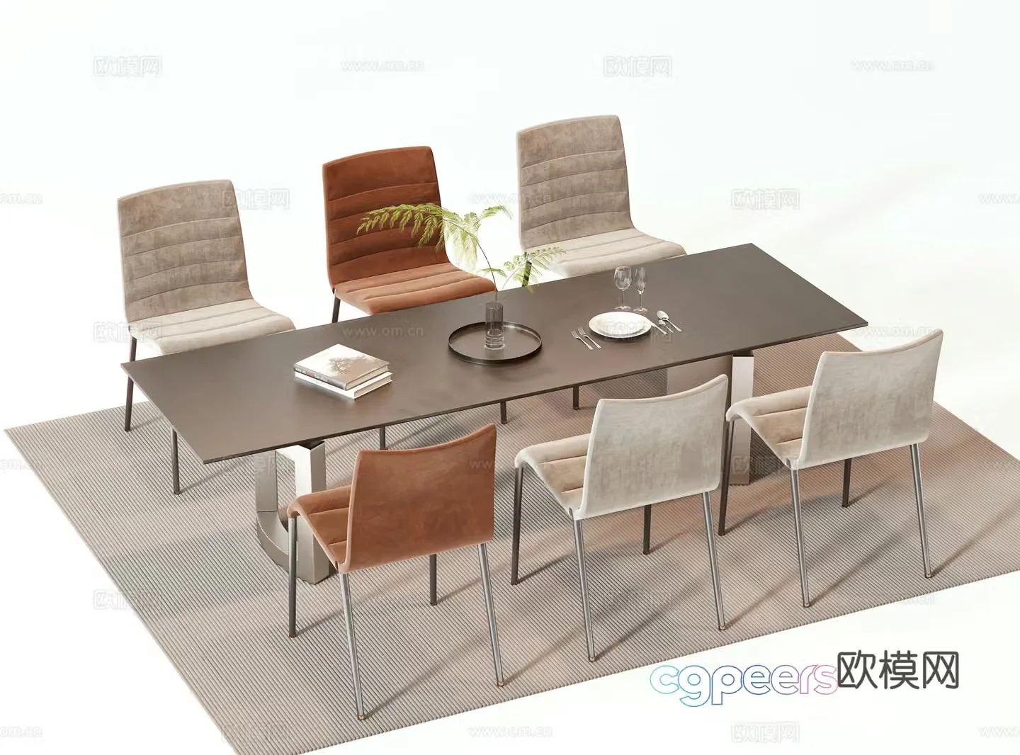 Modern dining table and chairs long table 3d model