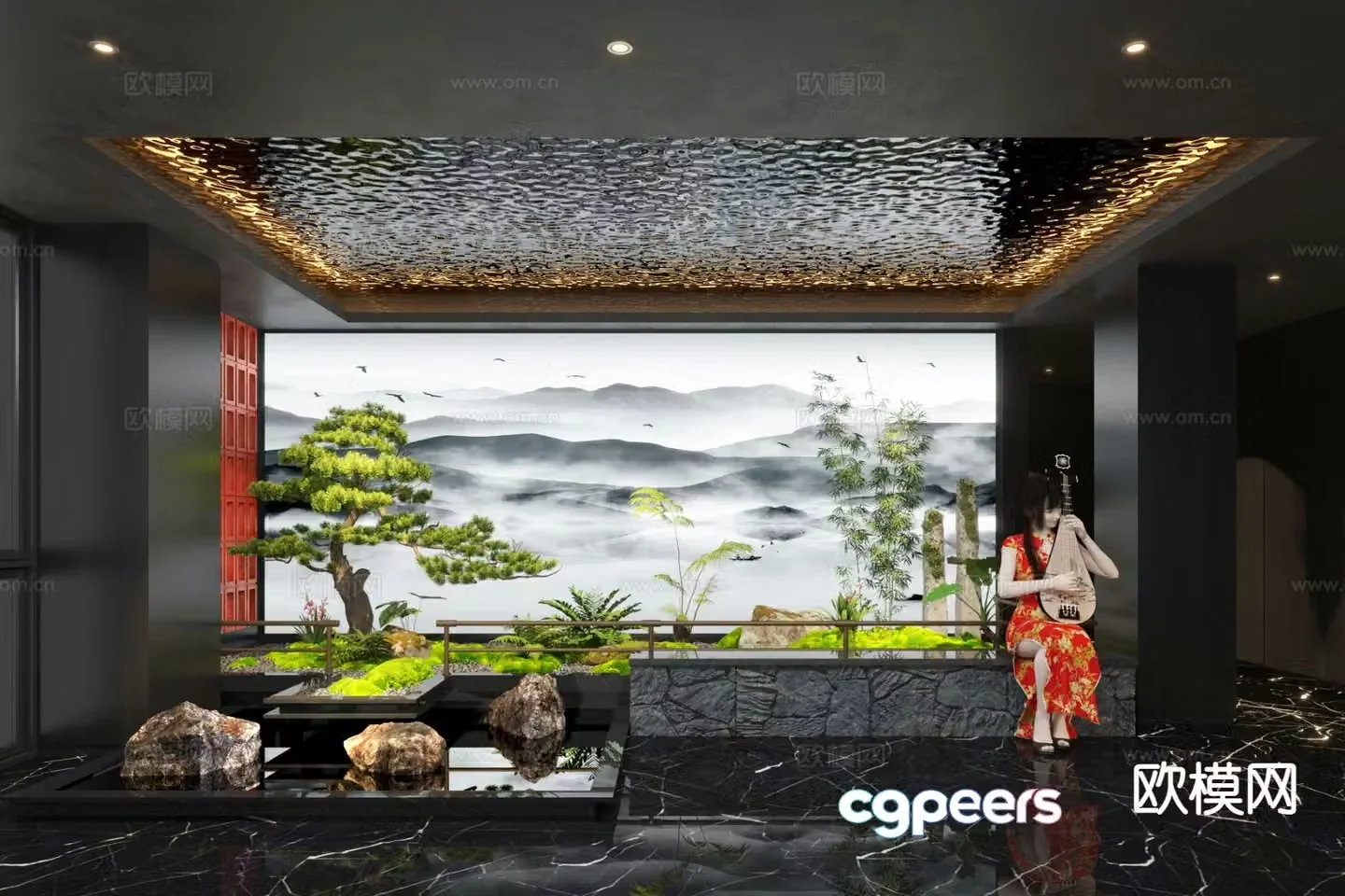 New Chinese style indoor landscaping 3D model