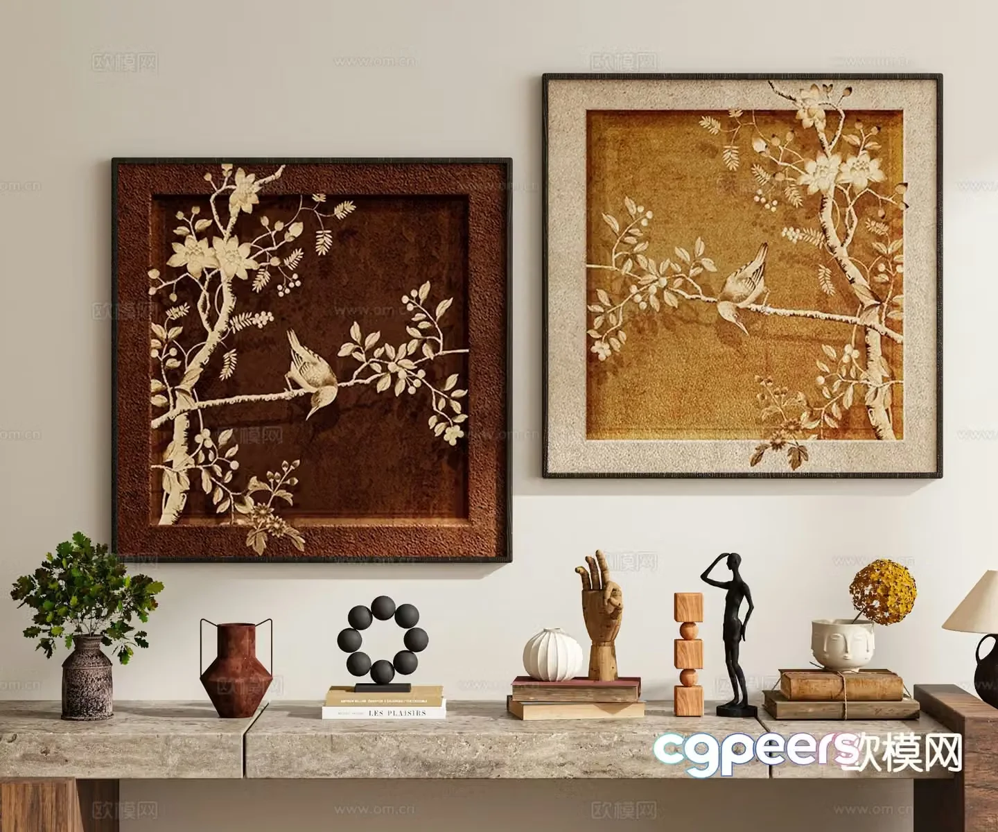 Medieval style hanging painting decorative painting flower and bird painting 3D model