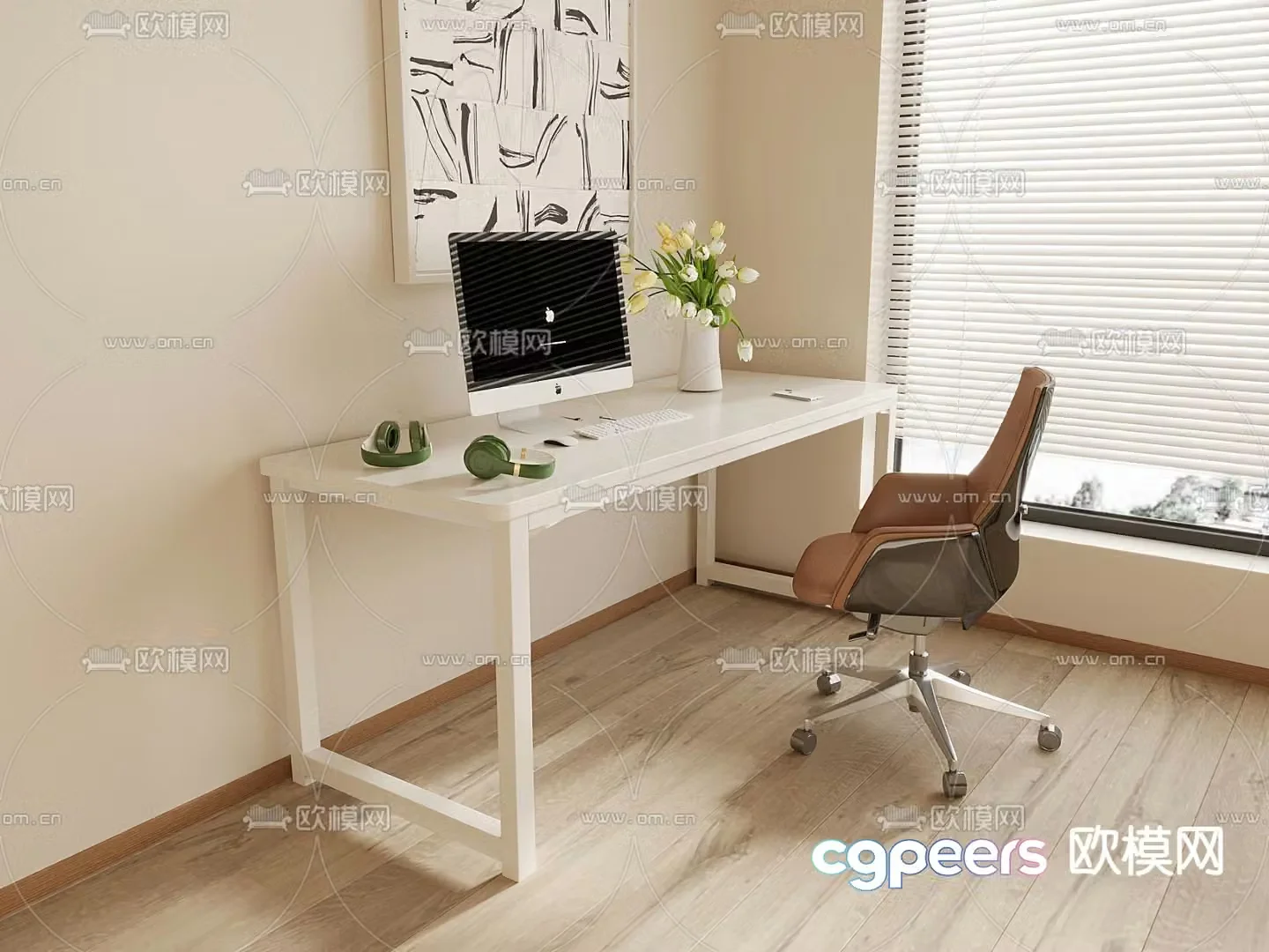 Creamy desk writing desk computer desk 3d model