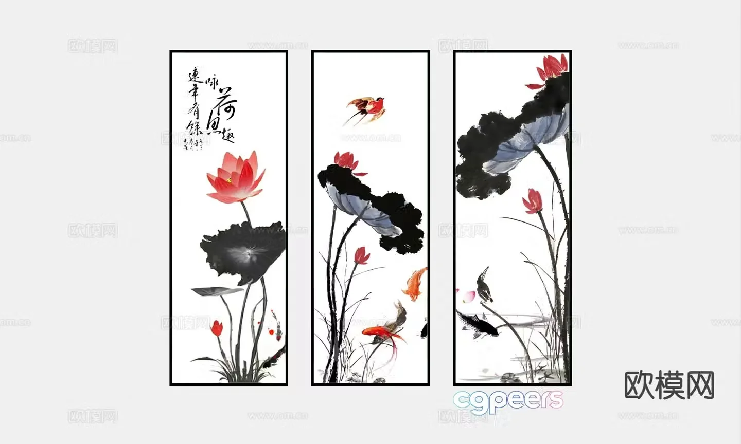 Chinese lotus painting combination painting decorative painting 3d model