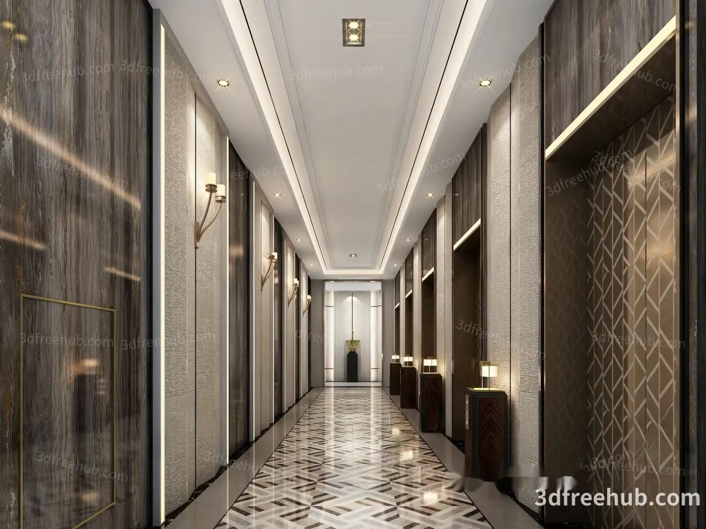 The Hallway Features A Long Narrow Corridor With A High Ceiling And A Pattern 3D Model – 19857 – VRAY Render