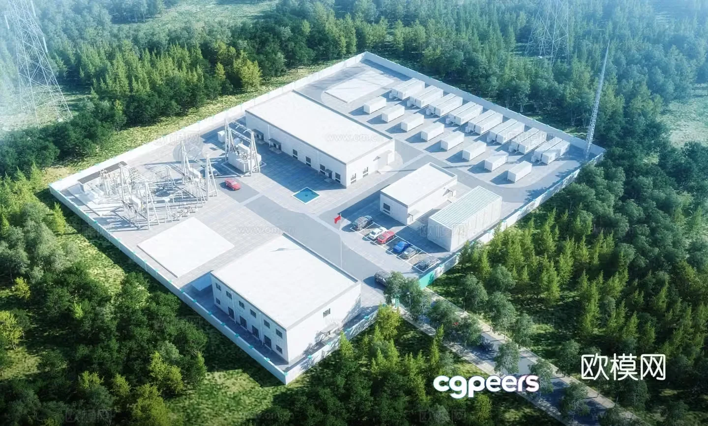 Aerial view 3d model of modern substation power plant