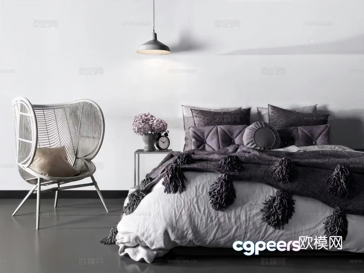 Modern fabric double bed bedside counter lamp combination leisure chair 3d model