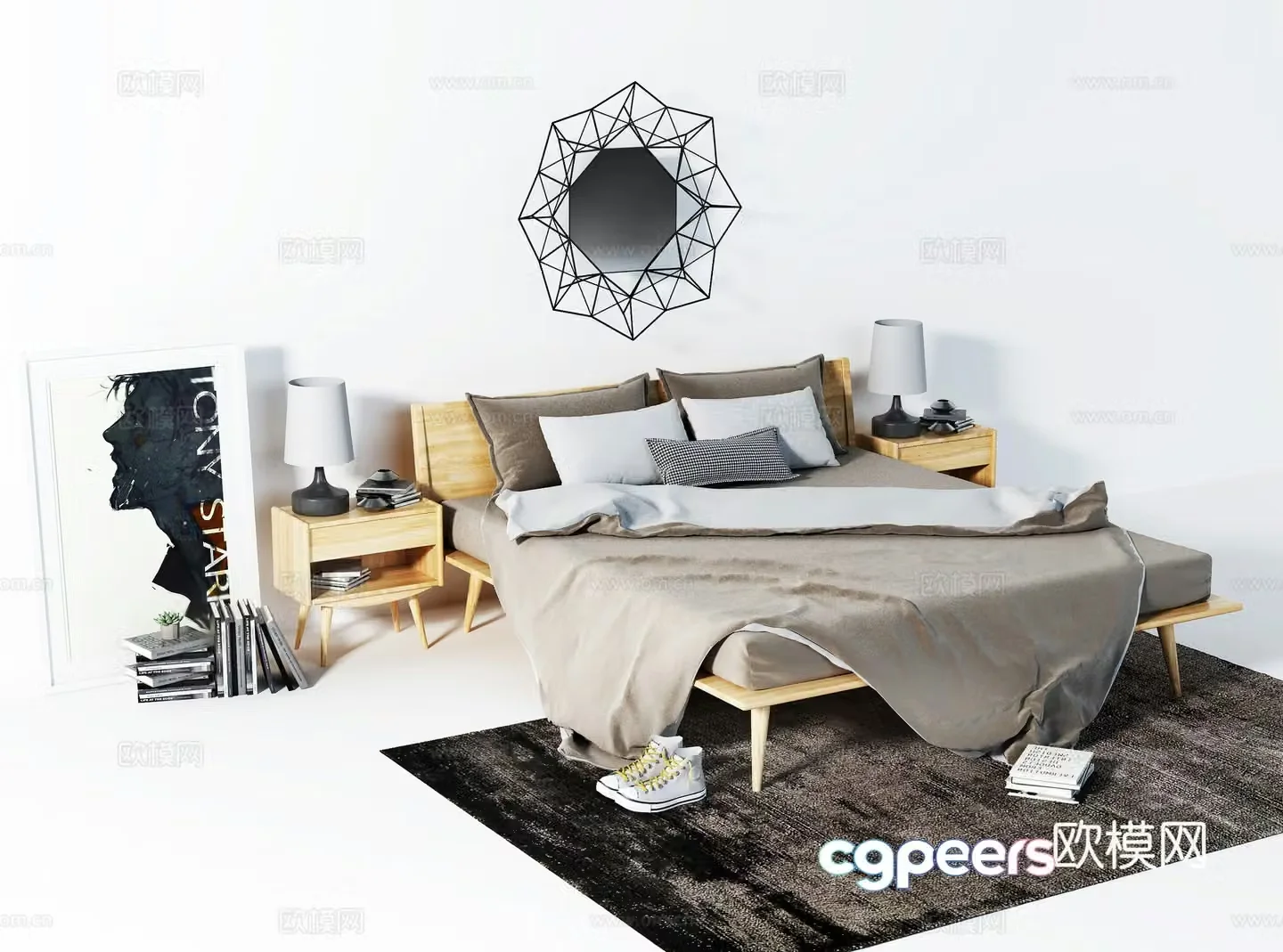 Nordic bedding combination log bed wall decoration bedside table decoration ornament 3D model