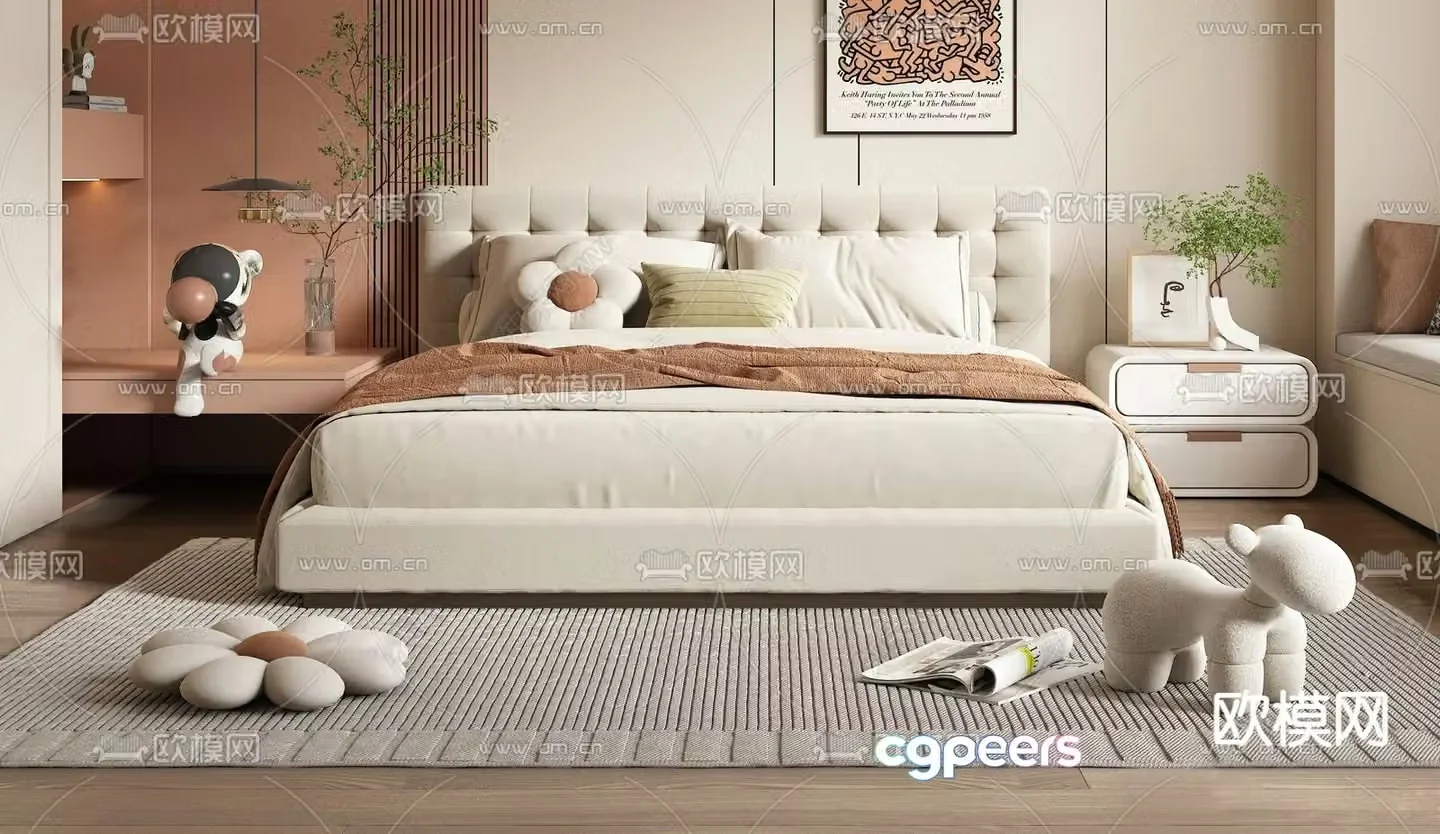 Cream style double bed 3d model