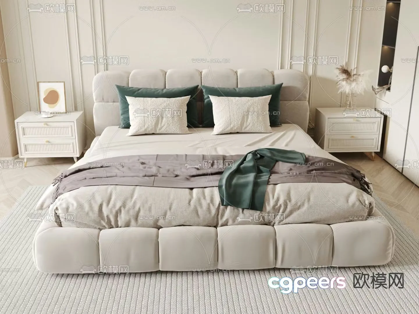 Cream style double bed 3d model
