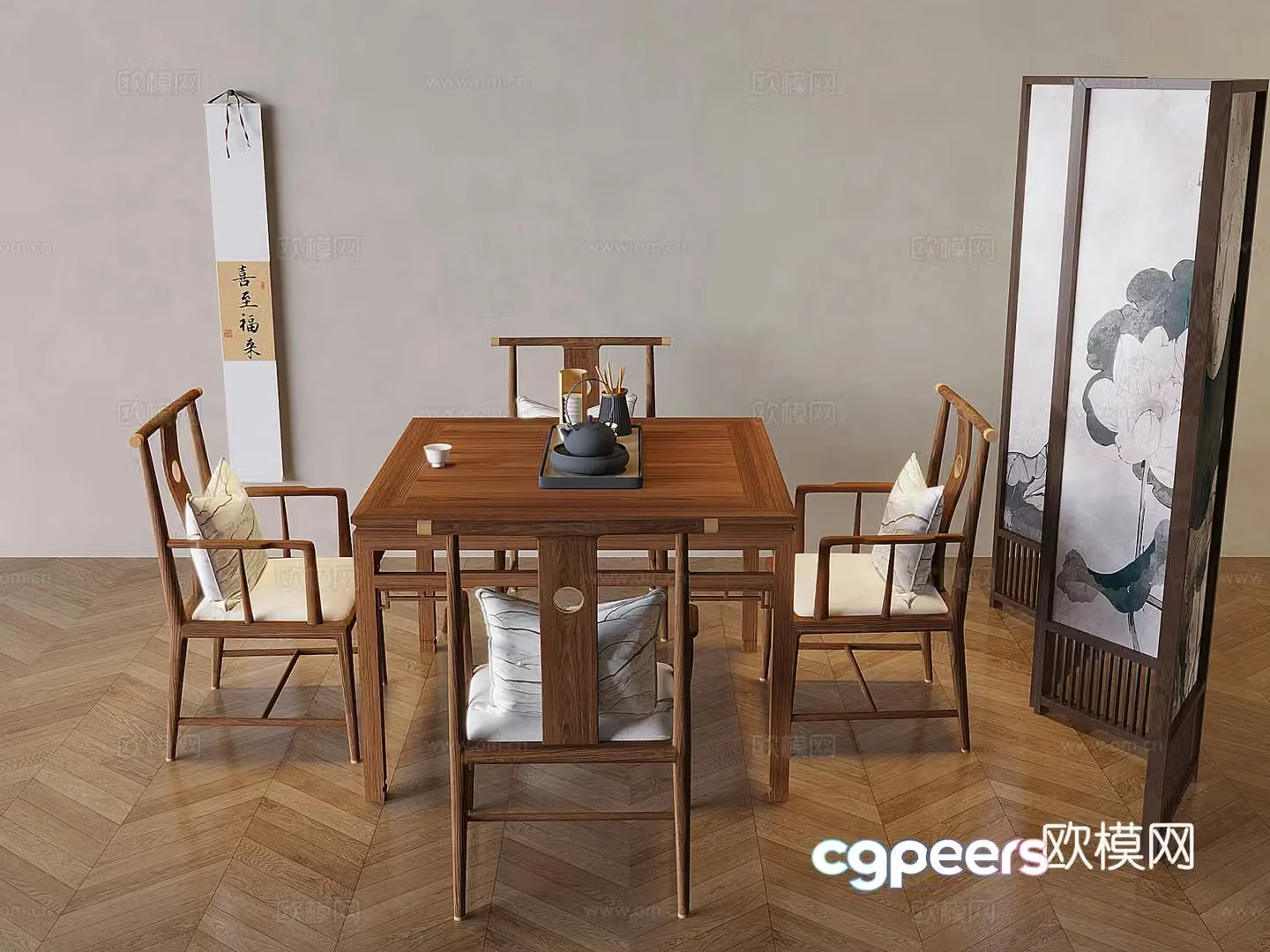 New Chinese-style solid wood dining table and chairs square table and eight immortals table and tea set partition screen 3D model