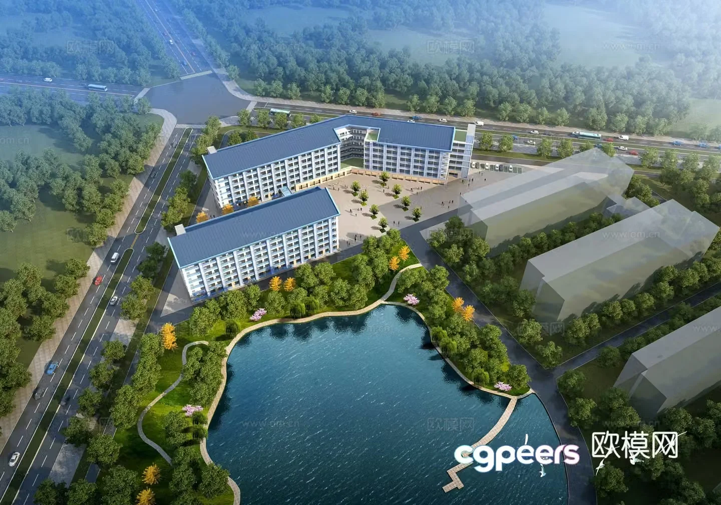 Modern School Dormitory Building Bird’s 3D Model