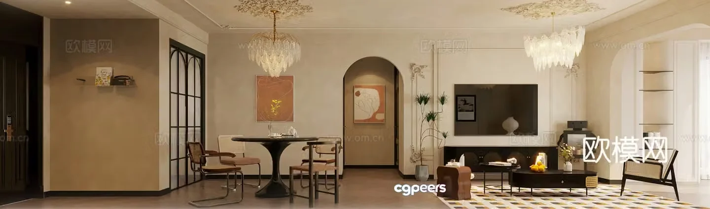 French retro living and dining room 3d model