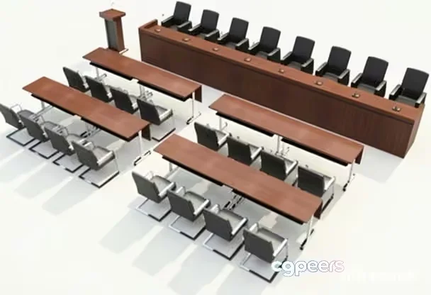A Courtroom With Long Wooden Tables And Black Chairs 3D Model – 21991 – VRAY Render