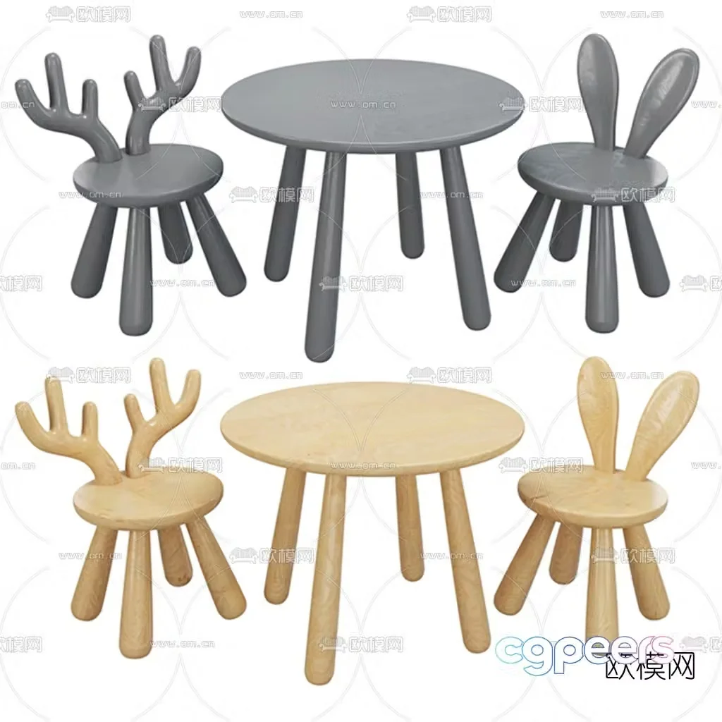 Nordic log children’s animal table and chair 3d model
