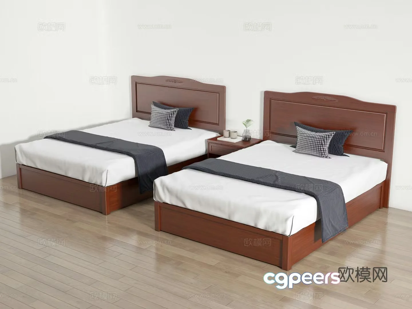 Modern solid wood single bed Hotel bed Simmons single bed Bedside table 3D model