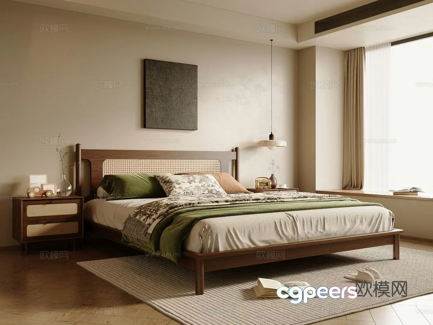 Middle-aged bedroom solid wood double bed bedside table bedroom without owner light 3D model