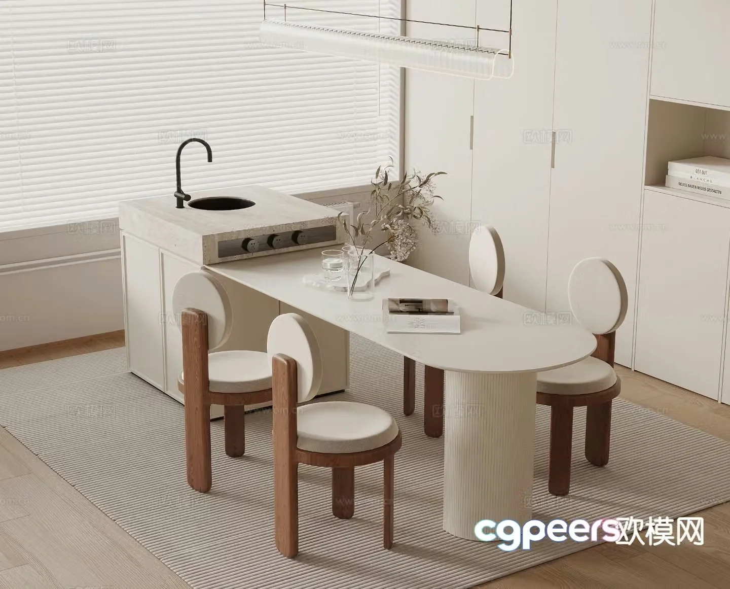 Creamy Island Table Dining Table and Chair 3D Model