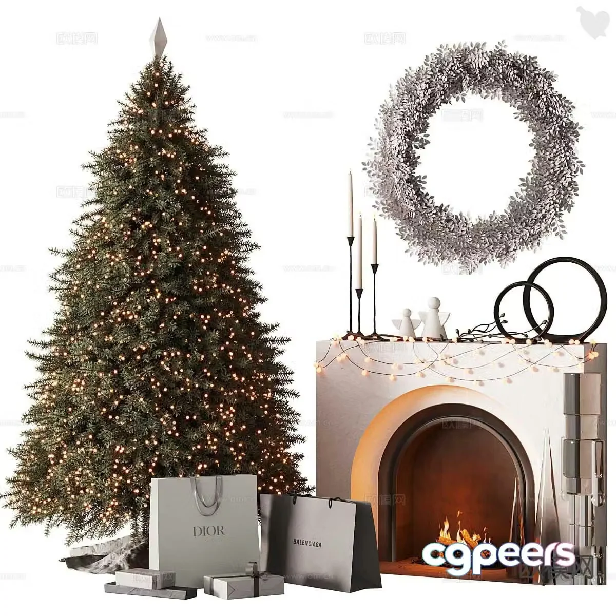 christmas decorations christmas tree fireplace 3d model