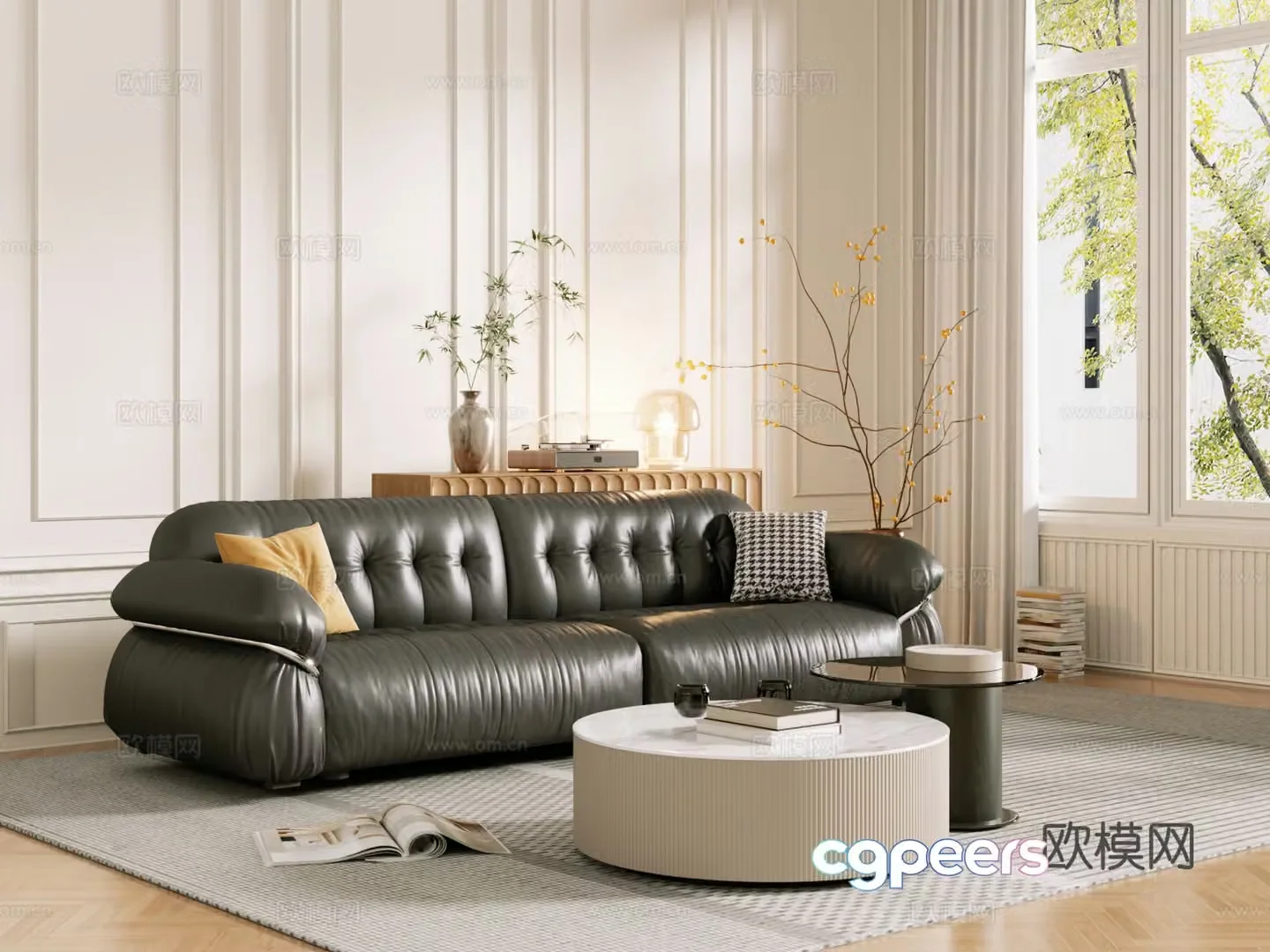 Middle-aged sofa combination coffee table carpet multi-person sofa 3D model