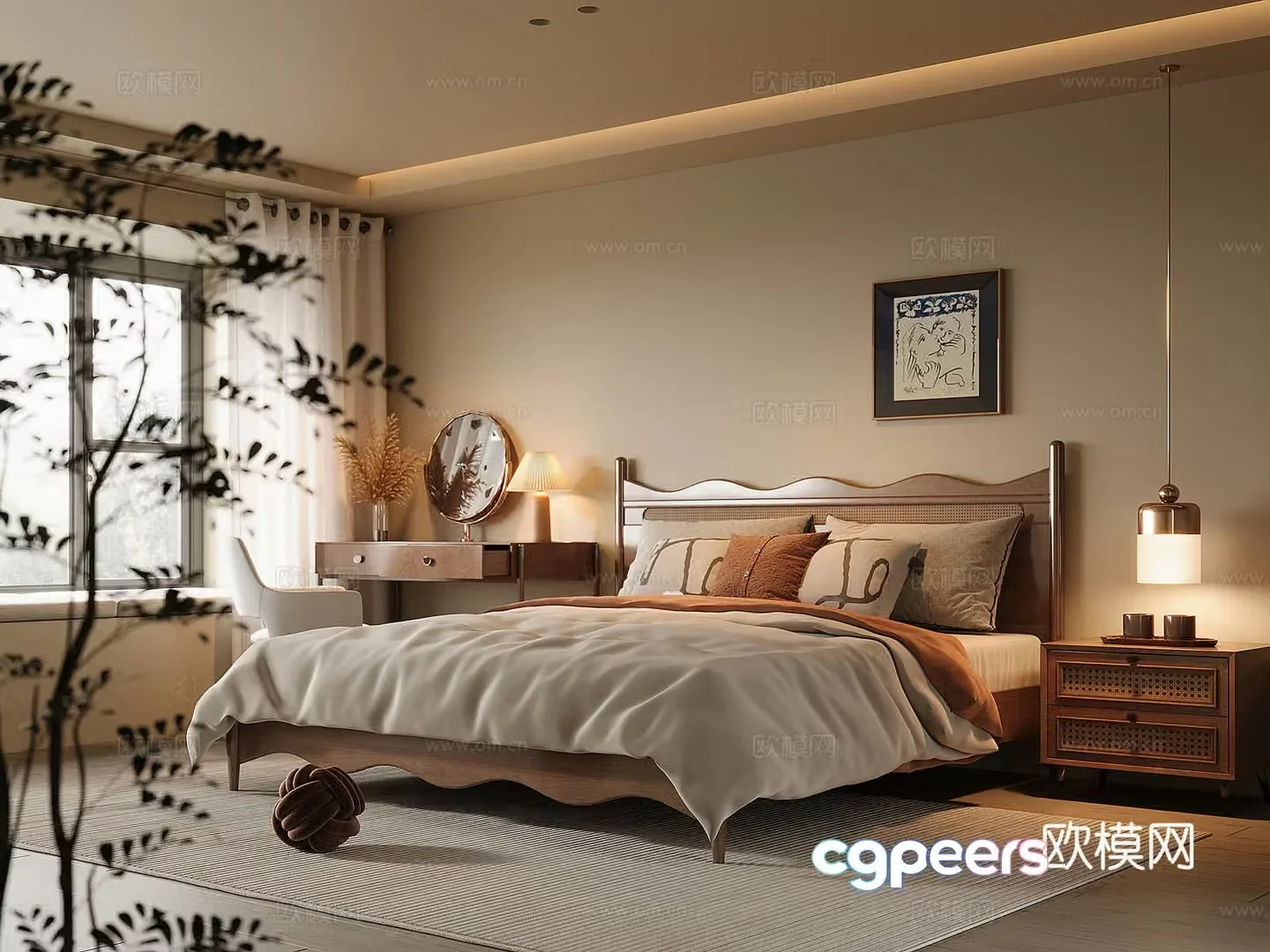 Middle-aged home bedroom solid wood double bed dressing table and chair bedside table 3D model